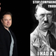 Elon Musk at SpaceX’s Starbase facility in South Texas on February 10, 2022 (left) and the Hitler meme that Musk tweeted on Thursday (right)